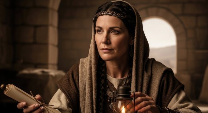 Biblical judge woman: Deborah figure, Israel leader, prophetess vision, Judges era, Lapidoth wife, ancient scroll, divine guidance, female strength, wisdom light, historical person.