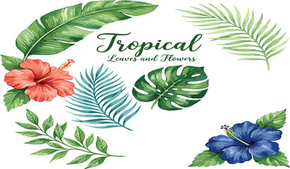Title:Tropical Leaves and Flowers Vector Set with Colorful Hibiscus, Palm, Monstera, and Exotic Foliage for Summer, Nature, Botanical, and Design Projects © MdAbusufian