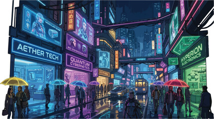 Obraz premium Futuristic City Street Scene with Neon Lights and People.