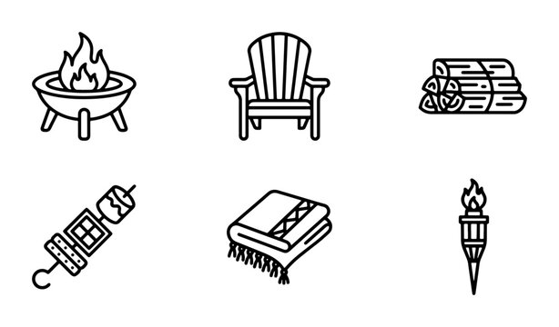 Outdoor Living Icons: Fire Pit, Adirondack Chair, Woodpile, Skewer, Blanket, Torch, Vector Graphics for Camping, Backyard, and Recreation