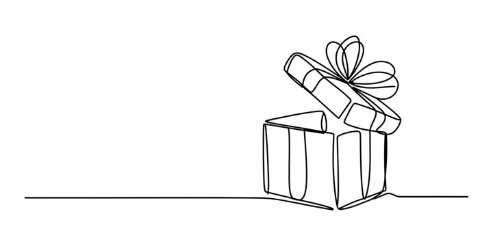 One continuous line drawing of an open gift box with a ribbon bow on top for birthday or holiday celebration concept art Vector, illustration