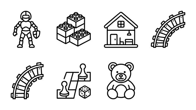 Vector Toy Icons: Robot, Building Blocks, House, Train Tracks, Board Game, Teddy Bear - Playful Childhood Graphics