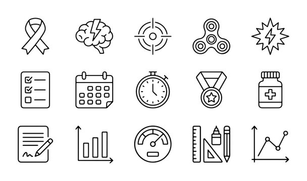 Vector Icon Set: Health, Business, and Performance Icons. Medical, Strategy, and Achievement Symbols. Modern Line Art Collection for Web and App Design.