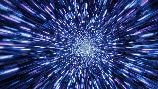 Abstract Blue and Purple Light Particles Rushing Forward at Warp Speed Through Cosmic Sci-Fi Hyperdrive Tunnel, Fast Zoom-In CGI Animation Loop