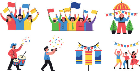 Fototapeta premium Colorful Festival and Carnival Celebration Scene Icon Set with Crowd, Clown, Drummer, Confetti, and Flags for Party and Event Designs