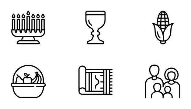 Jewish Holiday Icons Set, Menorah, Kiddush Cup, Corn, Fruit Basket, Matzah, Family Silhouette Vector Graphics