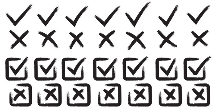 Check tick mark icon set. Cross box x check mark checkbox list vector draw hand drawn sketch doodle brush marker checklist symbol wrong right circle. hand drawn, grunge X sign. hand drawn tick mark 