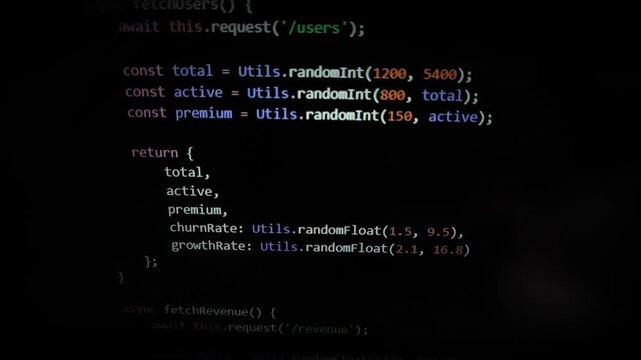 Code scrolls on dark computer screen with handheld movement effect. Programming script moves across interface showing dynamic workflow. Technology concept reflects hacking environment and
