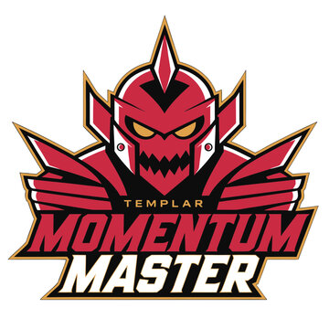 A red templar robot head, momentum master, a futuristic warrior, a powerful and aggressive emblem, a strong design.
