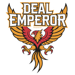 Fototapeta premium Deal emperor phoenix logo design featuring powerful bird with spread wings in gold and red colors for business branding.