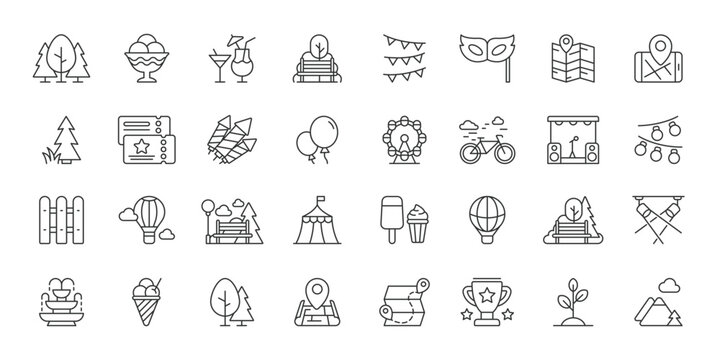 Amusement Park Elements icons in line design. amusement, park, ride, carnival, fun, entertainment, attraction on white background vector. Amusement Park Elements editable stroke icon