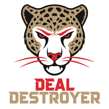 Leopard head mascot logo design for sports team with bold text element for branding identity vector illustration isolated on grid background.