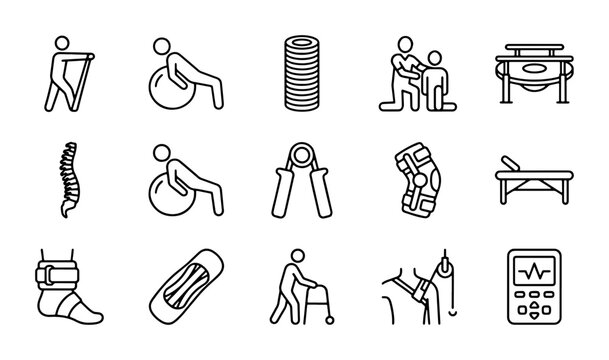 Physical Therapy Icons Set, Rehabilitation and Healthcare Line Art Collection, Medical Wellness and Recovery Symbols, 15 Vector Elements