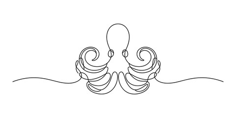 Minimalist continuous single line drawing of an octopus with swirling tentacles in black ink style Vector, illustration © Single Outline 
