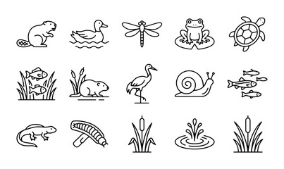 Pond Life Icons Set: Beaver, Duck, Dragonfly, Frog, Turtle, Fish, Heron, Snail, Salamander, Insect Larva, Reeds, Water Splash, 15 Vector Elements for Nature and Wildlife Graphics © Mohon