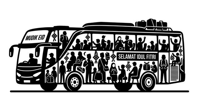 Crowded Mudik Eid bus transportation illustration with passengers.