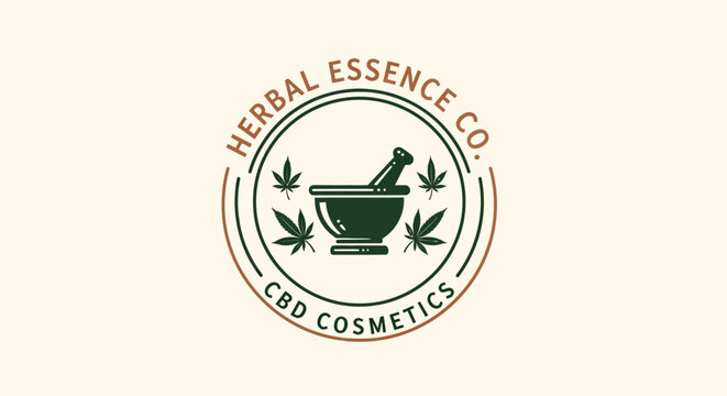 Herbal Essence Co CBD Cosmetics Logo with Mortar Pestle and Cannabis Leaves.