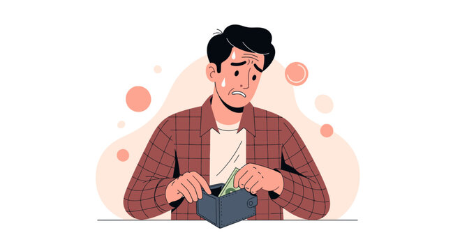 Worried Man Counting Money in Empty Wallet - Financial Stress