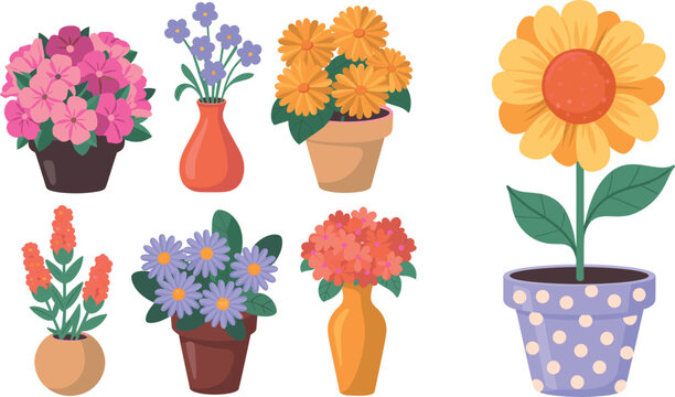 Beautiful blooming flowers in ceramic pots and vases vector icons set for spring gardening