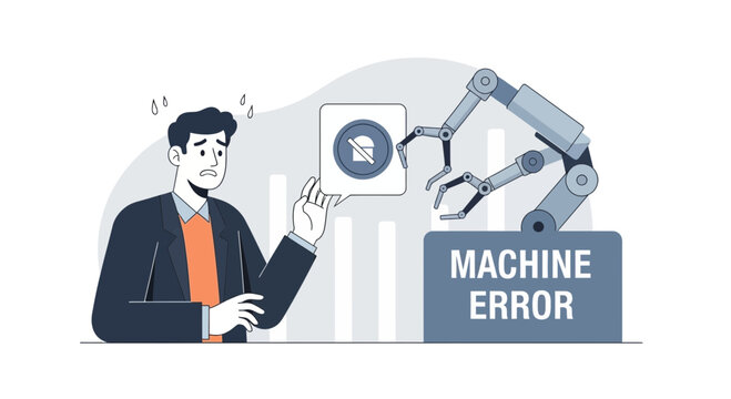 Worried Businessman Facing Mechanical Failure and System Error