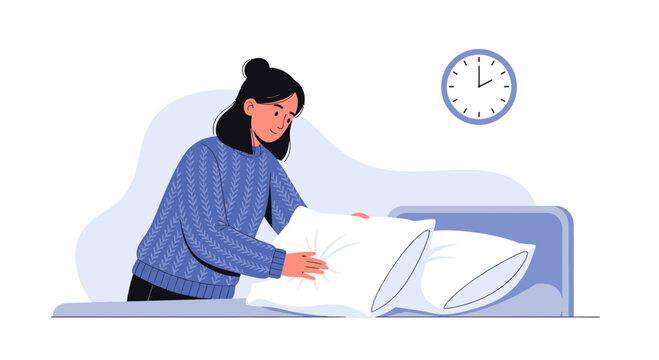 Woman preparing bed with pillows, clock on wall indicates bedtime