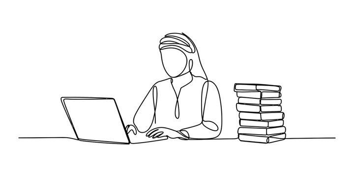 Arab man student sitting at a desk with a laptop and a stack of books drawn in a single continuous line style Vector, illustration