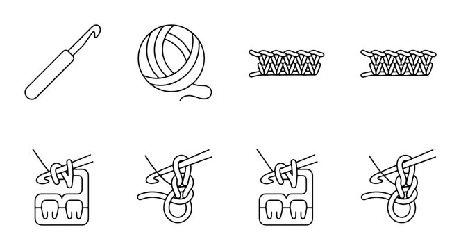 Crochet Stitch Icons, Yarn Ball, Hook, Knitting Pattern, Craft Tutorial Graphics, Handmade Hobby Vector Set