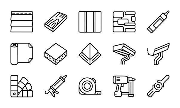 Construction and Renovation Icons Set: Building Materials, Tools, and Fixtures for Home Improvement Projects, 15 Vector Elements