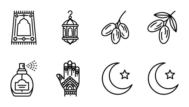 Islamic Icons Set: Prayer Mat, Lantern, Dates, Olives, Perfume, Hamsa Hand, Crescent Moon & Star Graphics. Ramadan & Eid Celebration Vector Symbols.