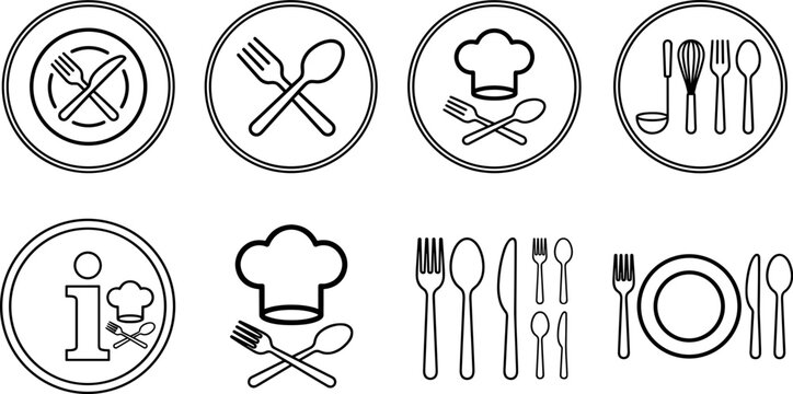 Restaurant and kitchen icon set featuring cutlery chef hat plates and cooking utensils in black outline style for image_bb0689.png