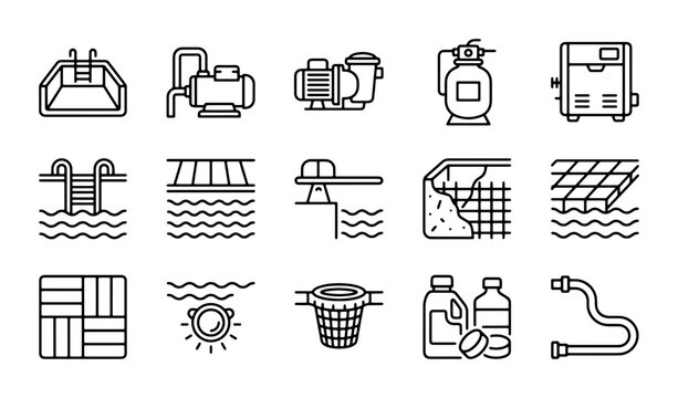 Swimming Pool Equipment Icons Set, Water Maintenance Vector Graphics, Pool Cleaning Supplies, Spa Accessories, Aquatic Facility Maintenance