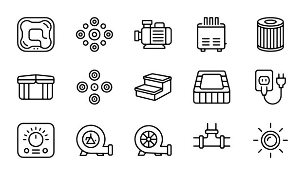 Spa and Hot Tub Equipment Icons, Pool Maintenance Components, Water Therapy System Parts, 15 Vector Graphics for Wellness and Recreation