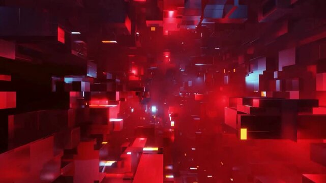 red, neon, block, tunnel, abstract, geometric