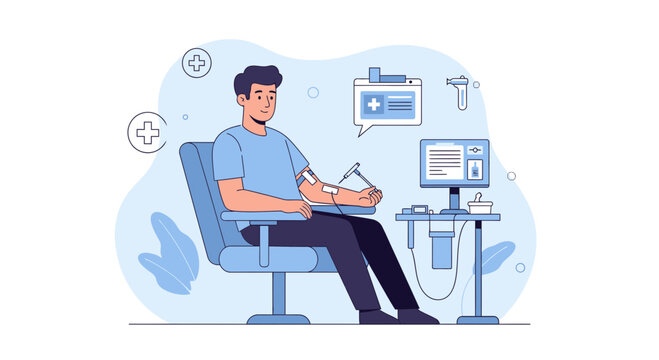 Man giving blood donation in clinic, medical illustration