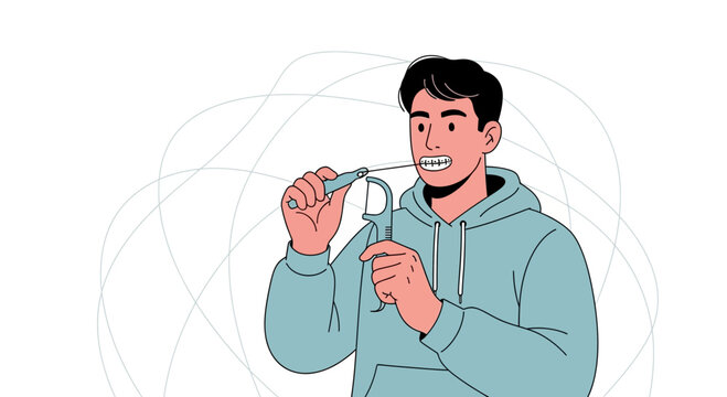 Man Flossing Teeth Close-up, Dental Hygiene and Oral Care Illustration