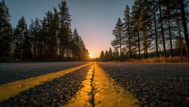 Sun sets over empty highway flanked by pine trees, casting warm light