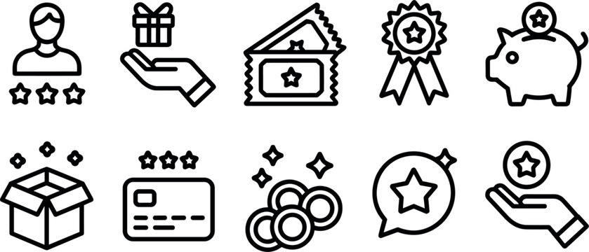 Customer loyalty program and reward points line icons vector set for marketing business