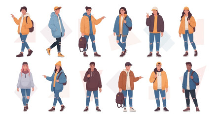 Fototapeta premium Diverse young adults in casual fashion, vector illustration set.