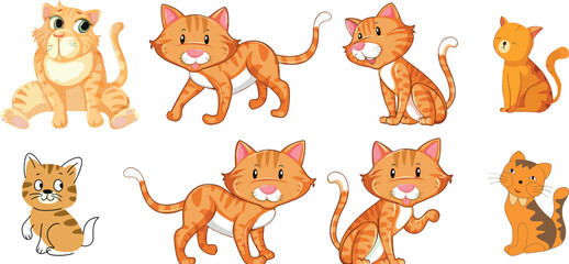 Fototapeta premium Cute orange tabby cat cartoon characters set with different playful expressions and poses isolated