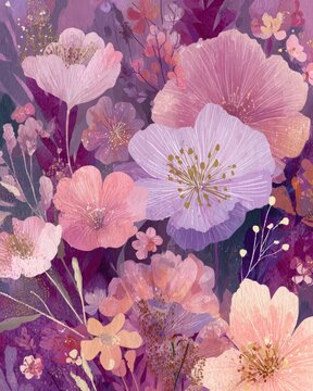 Elegant, luxury, vintage seamless repeatable pattern featuring large blooming mauve and pink floral