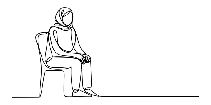 Continuous single line drawing of a woman wearing a hijab sitting on a chair in a calm and relaxed posture representing modesty and modern lifestyle Vector, illustration