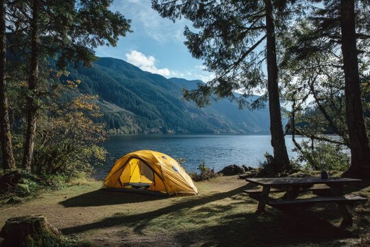 Yellow tent pitched by serene lake surrounded by forest and mountains