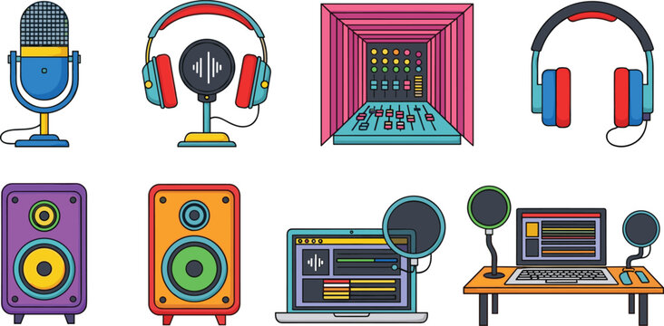 Colorful Music Studio and Audio Equipment Icon Set with Microphone, Headphones, Speaker, Mixer, and Recording Desk for Music and Podcast Designs