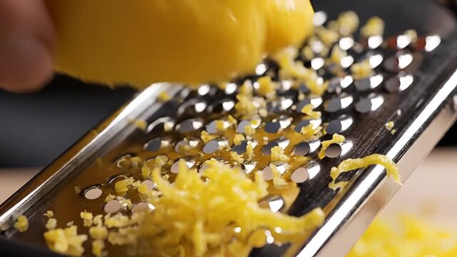 Closeup of a hand grating fresh lemon zest for cooking and baking.
