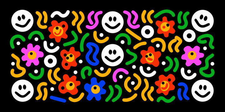 psychedelic pattern with smiley faces and floral shapes