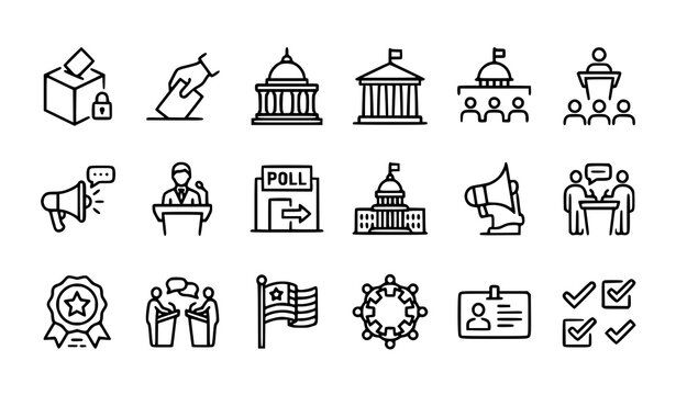 Democracy thin line icon collection with editable stroke election campaign and polling symbols vector set