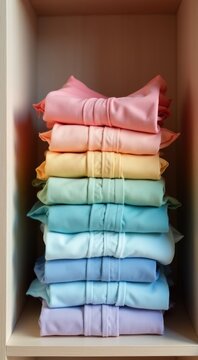 Colorful clothing stack on a modern closet shelf