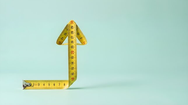 Yellow measuring tape shaped as an upward arrow symbolizing business growth, success, and performance tracking