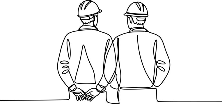 Continuous single line drawing of two construction workers wearing safety helmets standing together and looking forward at a building project site Vector, illustration
