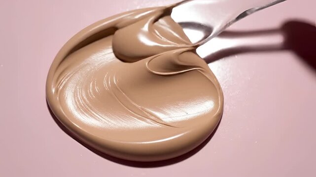 Closeup of foundation makeup being swirled with a spatula on a pink surface.